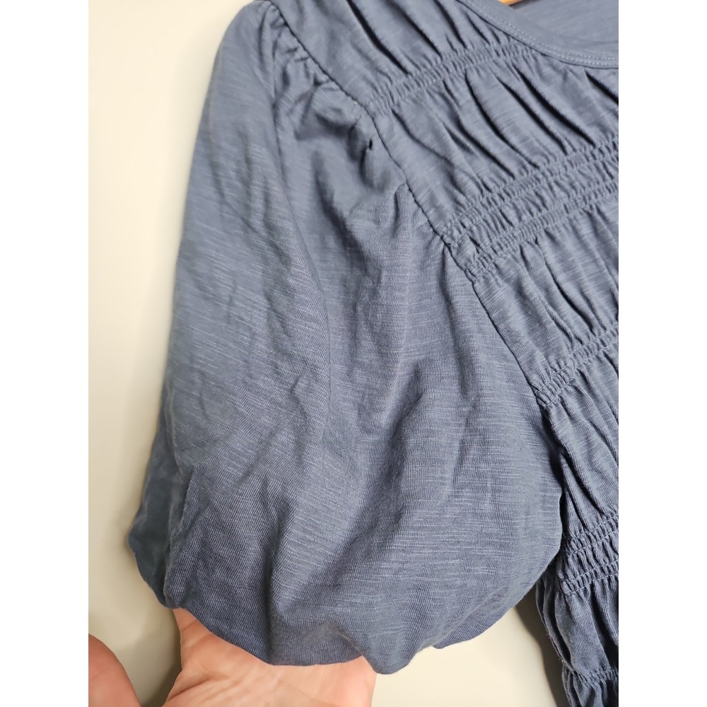 Jane + Delancey Blouse XL Blue Gray Puff Sleeve Smocked Cotton Coastal Boho Chic - Picture 3 of 14